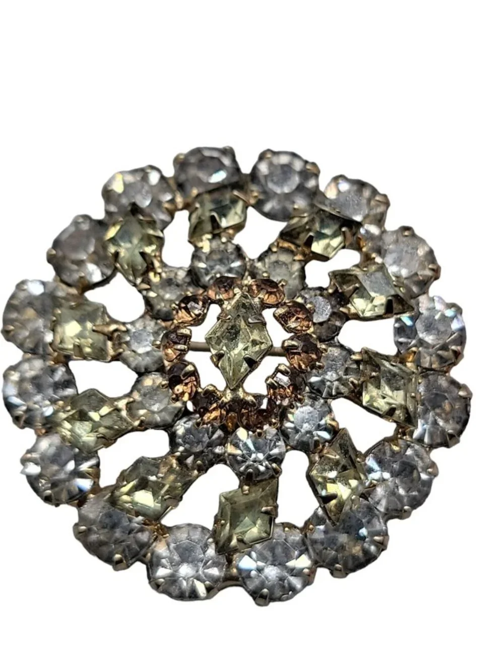 MCM Layered Cluster Brooch Round Crystal Navette Rhinestone Pin Unsigned Vintage